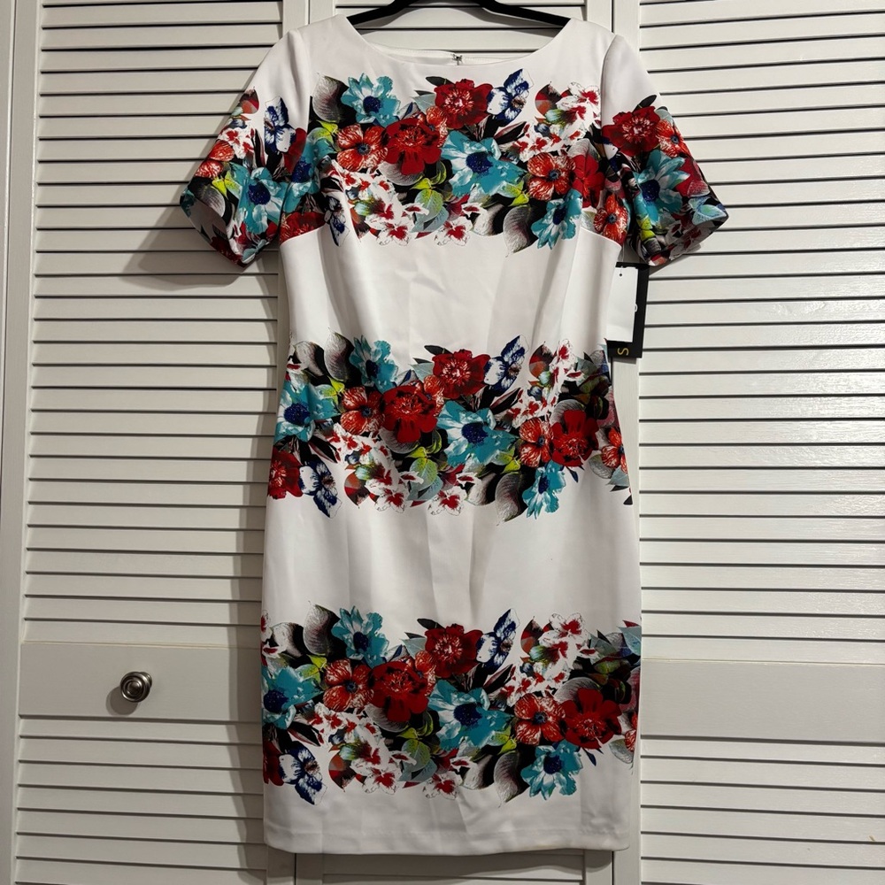 Signature by Sangria White Dress with Floral Pattern